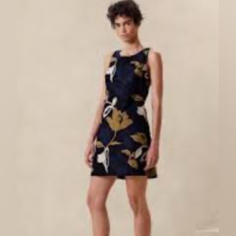 NWT Banana Republic Blue Sleeveless Linen Shift Dress Floral Appliqué Size 6